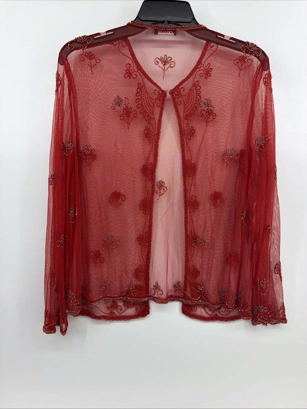 Vintage Krishma Beaded Shear Jacket Cardigan Silk Red Embroidered Shear Top - Picture 6 of 12